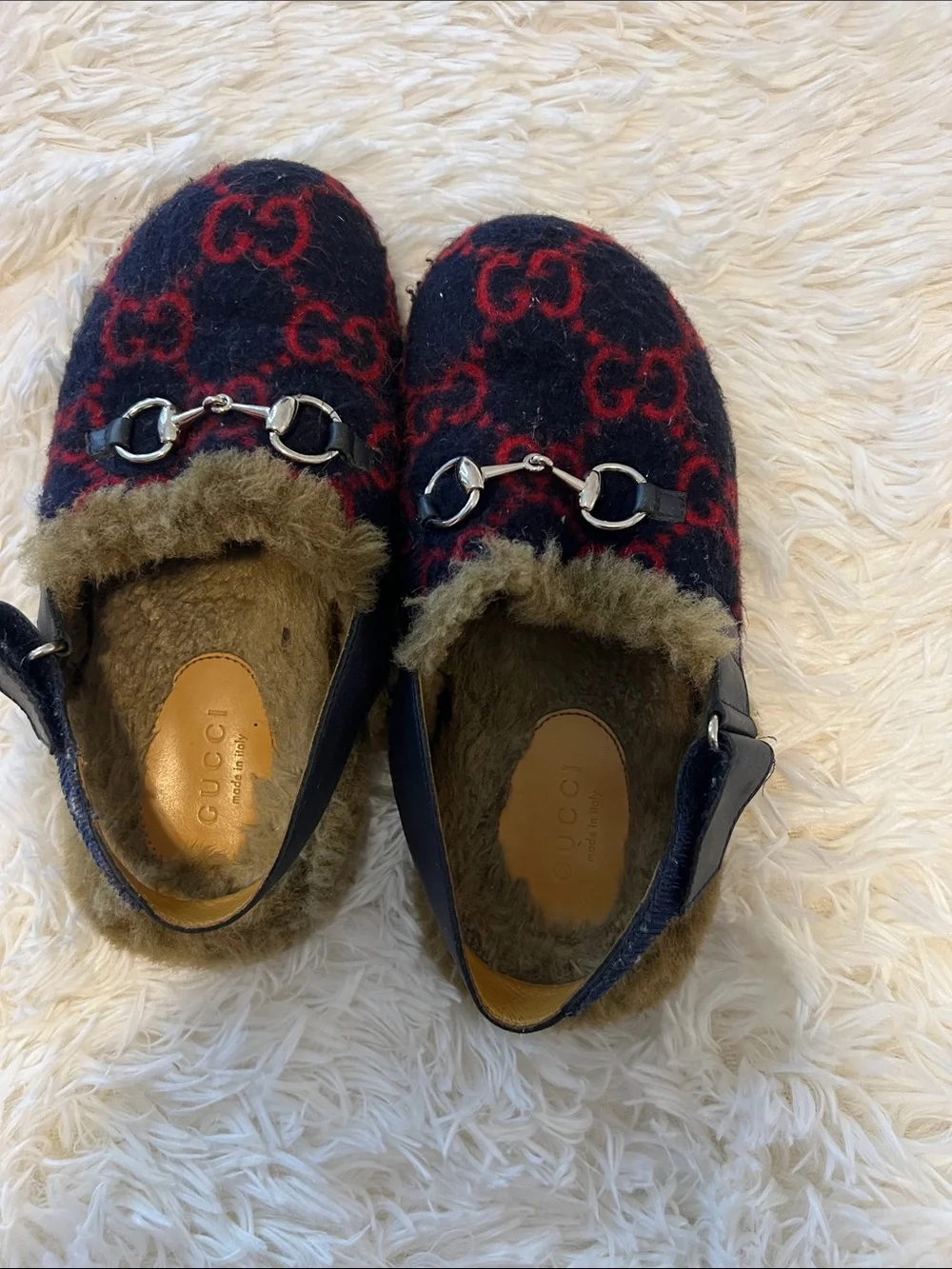 Gucci Kids Black & Red GG Wool Fur-Trim Horsebit Clogs
